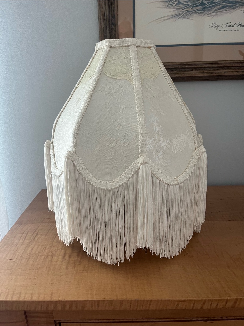 Vintage Victorian Floral Brocade Beige Satin Lamp Shade With Fringe